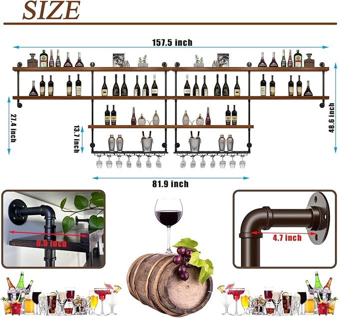Solid Wood Wall Mounted Wine Rack, Large Wine Rack with LED Light, 4 Tiers Liquor Bottles Floating Shelves with Glass Holder, Industrial Bar Shelves for Home Bar Dining Room (157.5 IN/ 400CM)