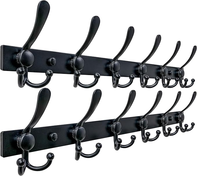 Dseap Coat Rack Wall Mount 2.0 Pro: 24” Long, 3X Tougher, Heavy Duty Stainless Steel Wall Coat Hanger with 6 Tri Hooks for Clothes Jackets Hats Entryway Closet, Black, Pack of 2