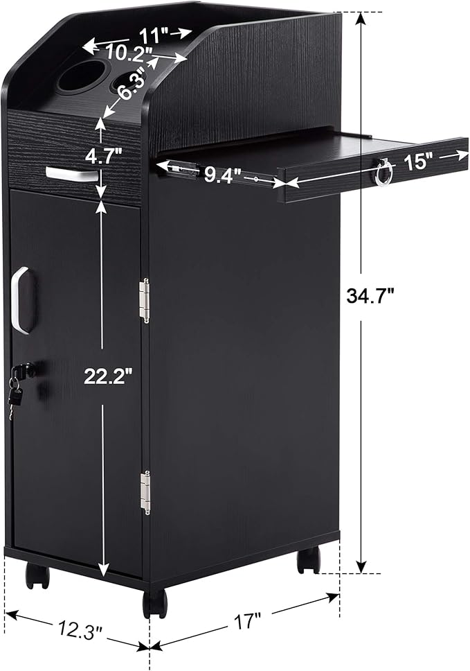 BarberPub Beauty Salon Trolley Storage Cart Hair Dryer Holder Stylist Equipment with Lockable Rolling Wheels, Drawer (Black)