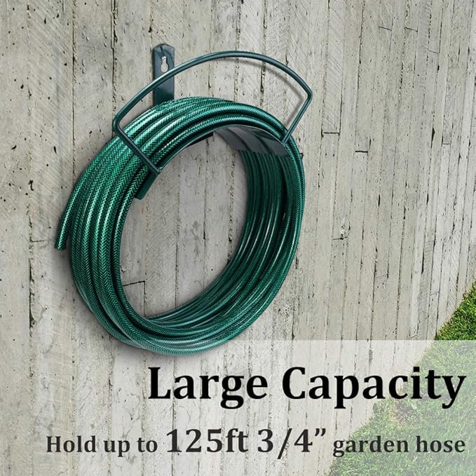 Deluxe Wall Mount Garden Hose Hanger Duty Metal Hose Holder Easily Holds 125 3/4’’ Hose Solid Steel Extra Bracing Forest Green