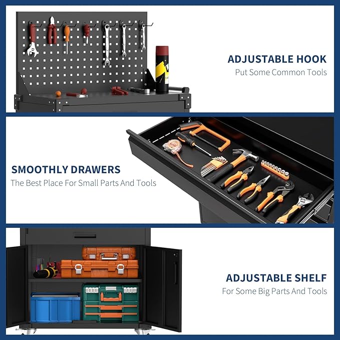 35” Heavy-Duty Rolling Tool Cabinet with Deep Drawers, Locking Casters & Pegboard | Industrial Steel Storage Organizer, Adjustable Shelves, Mobile Workbench for Garage, Workshop, Warehouse