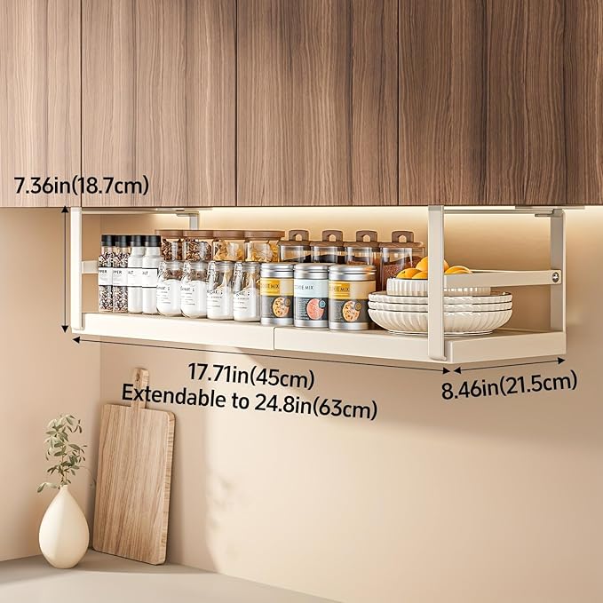 Hanging Under Shelf Storage Basket, Adjustable Width Under Cabinet Add-on Storage Racks, Heavy Duty Slide-in Baskets Organizer for Cabinet Pantry Kitchen, 1 Pack, 8.46"D x 17.7"W x 7.36"H