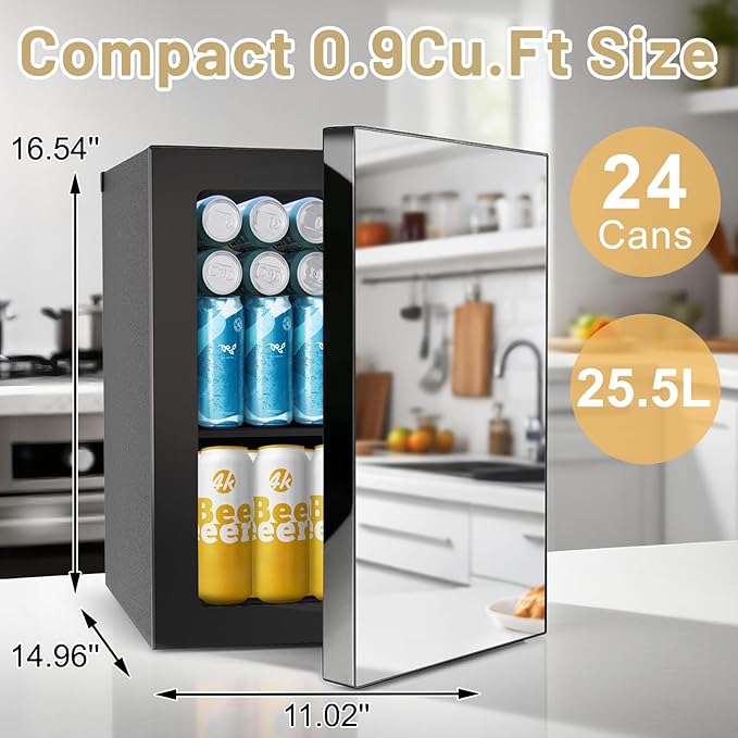 7-Temperature Control 24 Can Mini Fridge, 0.9 Cu.Ft Compact Beverage Cooler for Soda, Beer, Wine & Beauty Products, Mirrored Door Refrigerator for Bedroom, Dorm, Office