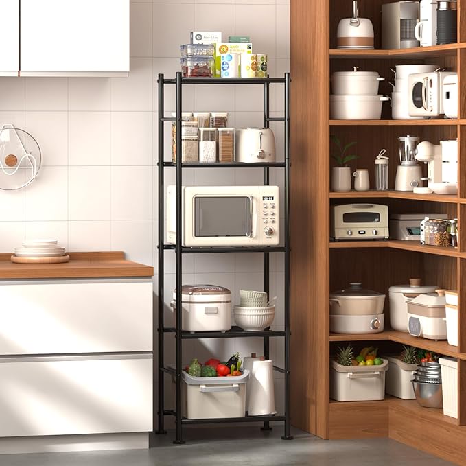 Storage Shelves - Set of 2, 5-Tier Metal Shelf Organizer, Space-Saving Garage Shelving with Leveling Feet, Standing Shelves Organizer for Kitchen, Laundry, Pantry (18.4" x 12.6" x 57.4", Black)