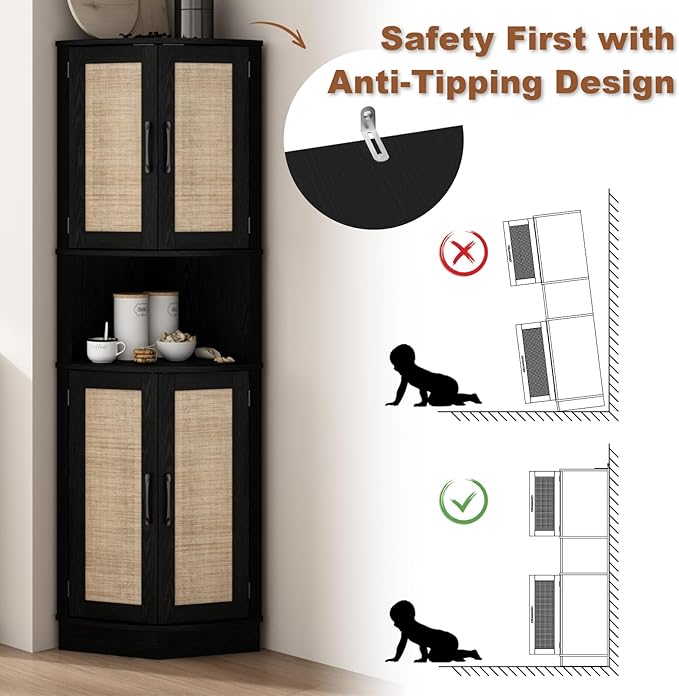 Tall Corner Cabinet, 64.7" Rattan Corner Storage Cabinet with 4 Doors and 5 Storage Shelves, Farmhouse Space Saver, Boho Shelf for Living Room, Kitchen, Bathroom, Office, Rustic Black