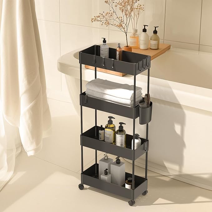 Pipishell Slim Storage Cart with Wheels, Bathroom Cart Organizer Bathroom Storage Small, Rolling Cart for Bathroom, Laundry Room, Kitchen, Narrow Space, Black PIUC05