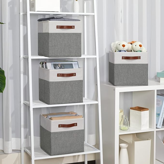 Temary Cube Storage Bins 4 Pack Storage Cubes 11ﾗ11 Fabric Storage Bins Foldable Cube Storage Baskets with Handles, Collapsible Storage Basket for Shelf (White & Grey, 11 x 11 x 11)