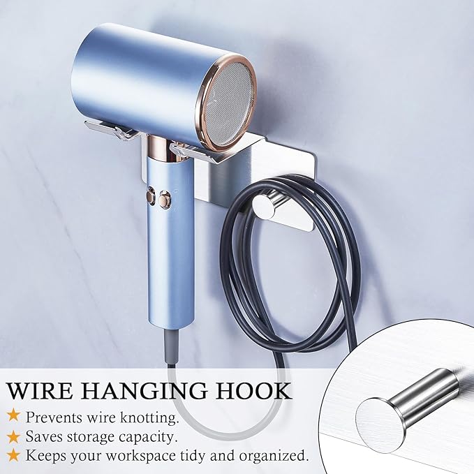 Hair Dryer Holder Wall Mount, Blow Dryer Holder for Wall, Adhesive Hairdryer Holder, Stainless Steel Blowdryer Holder, Bathroom Hair Tool Organizer, Hair Dryer Hanger Hook with Cord Storage (Silver)