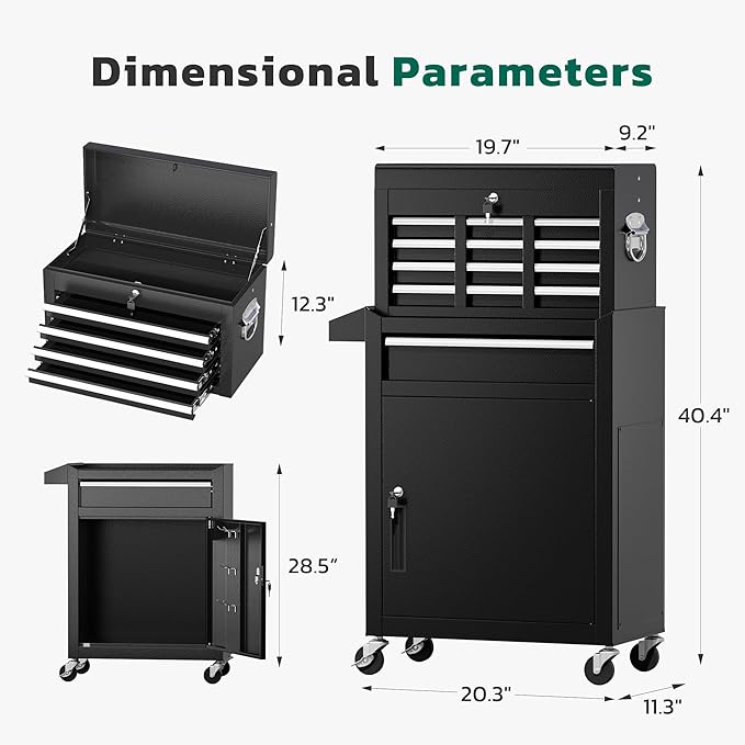 Greenvelly Tool Chest, 5-Drawer Rolling Tool Chest with Hooks and Lockable Wheels,Metal Storage Detachable Top Tool Box with Lockable Wheels for Garage,Workshop,Art Studio(Black)