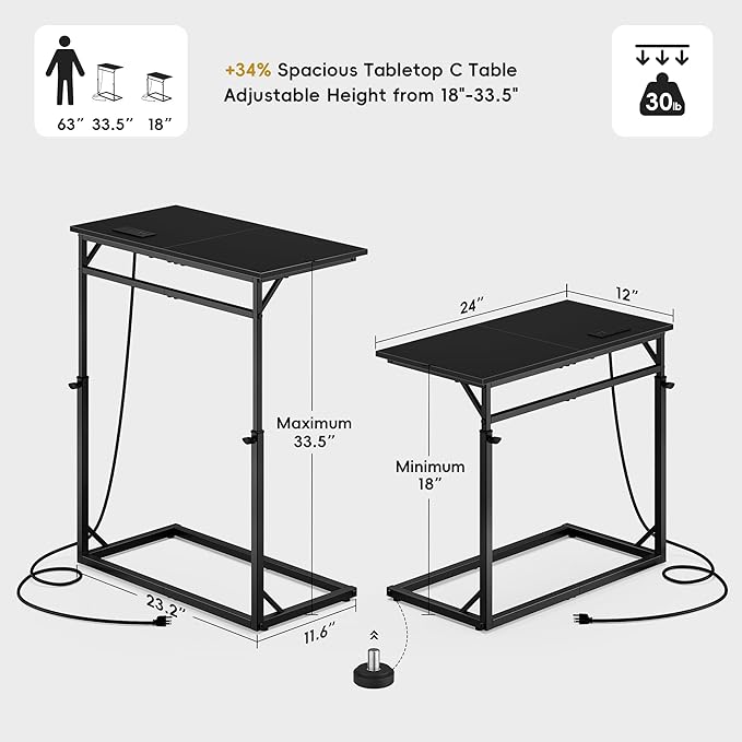 Vagusicc C Shaped End Table with Charging Station, C-Table End Table Adjustable Height Side Table for Couch, Large Couch Tables,Slide Under Sofa Tables TV Tray Arm Tables for Living Room,Bedroom,Black