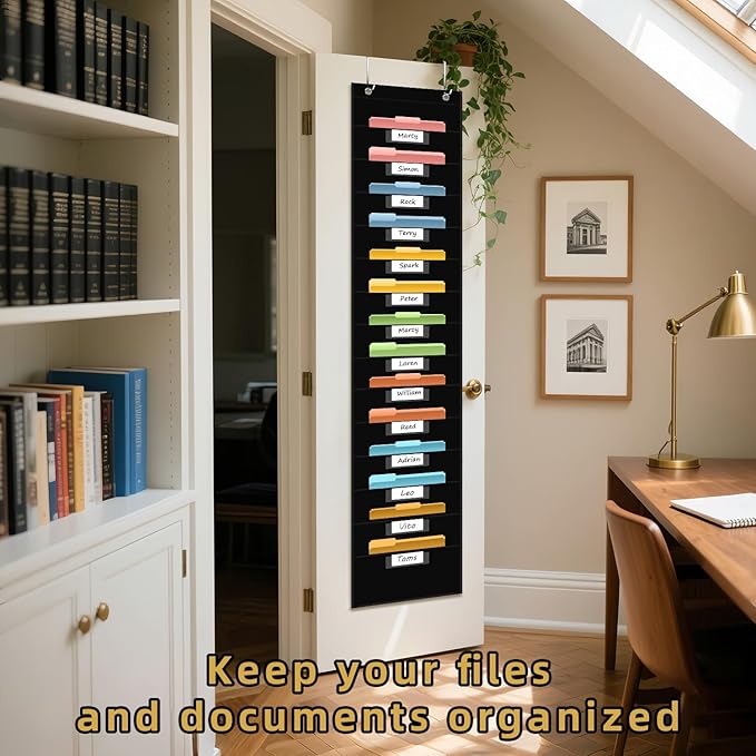 14 Pocket Hanging File Organizer with 14 Nametag Pockets. Black File Storage Pocket Chart for Classroom or Office Use. Perfectly Organizes Assignments, Files, Scrapbooks, and Documents.