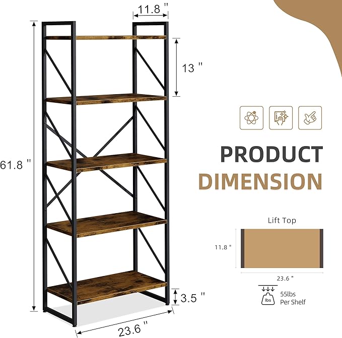 Vongrasig 5 Tier Bookshelf, Modern Tall Bookcase, Industrial Book Shelves Display Standing Shelf, Free Standing Storage Organizer for Bedroom, Living Room, Rustic Brown