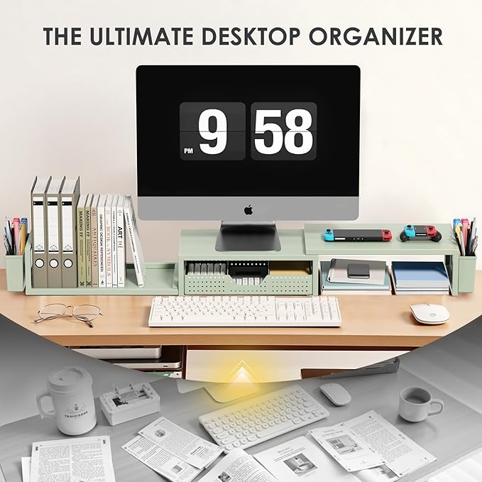 OPNICE Desk Organizers and Accessories, Dual Monitor Stand Riser with Drawer and 2 Pen Holders, Desk Shelf Metal Computer Monitor Stand for Office Workspace Organizers, Desktop Organization (Green)