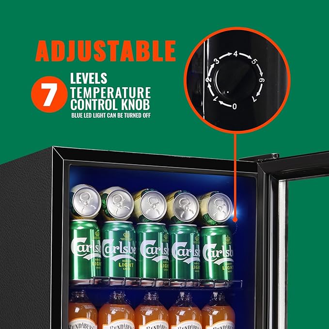 WANAI Mini Fridge Glass Door 120 Cans Beverage Refrigerator Small Wine Cooler Clear Front Drinks Fridge for Soda Beer Bar Home Office with 7 Thermostat LED Lights