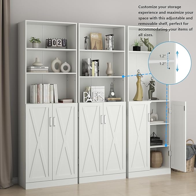 Loomie Industrial Bookshelf with Door, 6 Tier Farmhouse Book Shelf with Adjustable Shelves,70" Tall Display Etagere Bookcase,Floor Standing Unit Book Case Furniture for Home Office,Living Room (White)