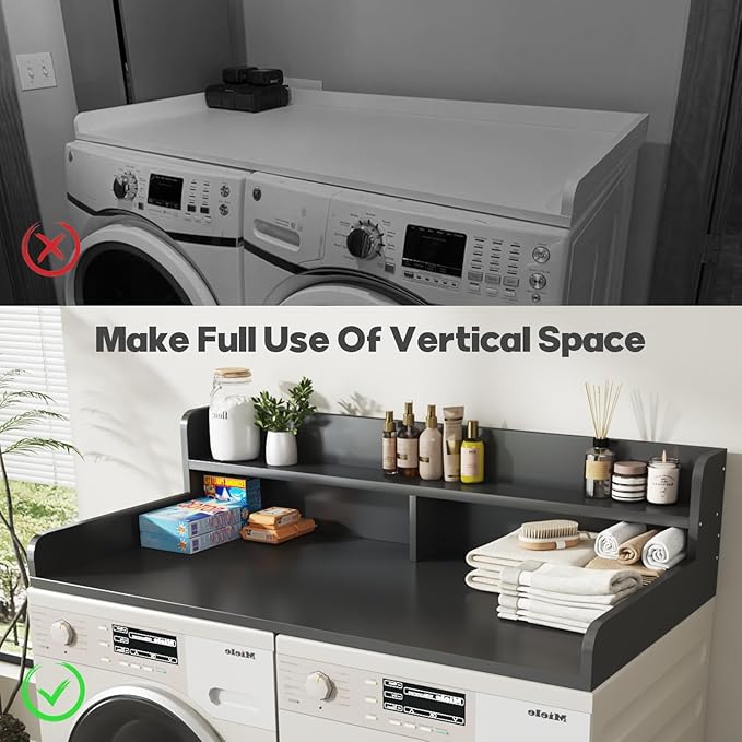 2-Tier Washer and Dryer Countertop with 2.75" H Guard,54" W x 27.5" D Laundry Countertop Cover with Non-Slip Pad,Large Space Laundry Topper for Folding Clothes Over Washer and Dryer-Black