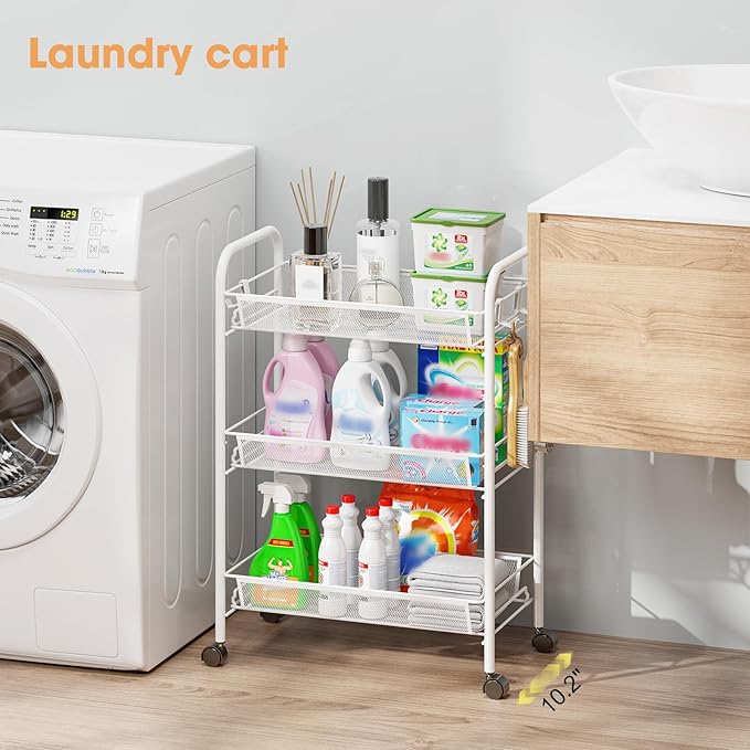 TOOLF 3-Tier Metal Rolling Cart, Mesh Wire Easy Assemble Utility Cart, Storage Trolley on Wheels with 3 Hooks, MetalStorage Shelving Units for Kitchen Bathroom Laundry Room