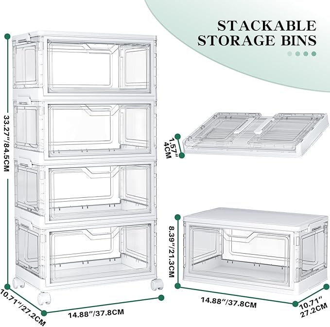 Clear Storage Bins with Lids,4 Tier Plastic Bins with Wheels,Stackable Storage Bin,Closet Organizers Box for Bedroom,Living Room,Toy,23 QT Folding Box with Magnetic door