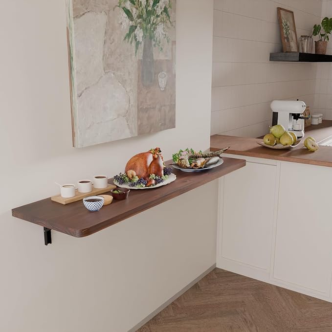 IAE Wall Mounted Folding Table with Pine Wood,55" x 16" Floating Wall Desk,Laundry Folding Table with Shelf Brackets,Fold Down Desk Shelf,Folding Workbench for Home,Dining,Laundry Room,Kitchen,Brown
