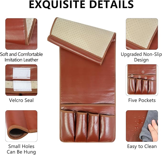Non-slip Couch Organizer Armchair Caddy, Artificial Leather TV Remote Control Holder Bedside Caddy with 5 Pockets for Key Glasses Phone Magazine Holders.