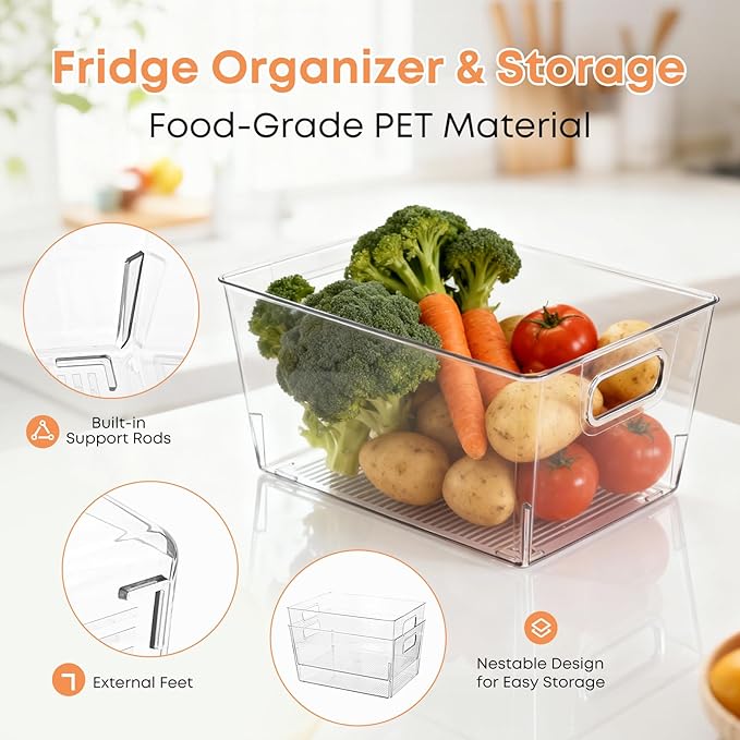 MOONEDGE 8 Pack Clear Plastic Storage Bins, 11"x8"x6" Food-Grade Pantry Storage Containers for Kitchen, Fridge & Freezer, Versatile Organizer Bins for Bathroom, Closet, Shelves & Home Organization