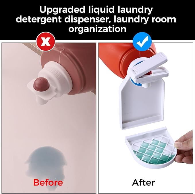 2 Pack Laundry Detergent Dispenser Cup Holder, Nozzle button upgrade，Easily No More runny or Messy Laundry Detergent, Laundry Cup Holder and drip Tray Room Organization and Storage