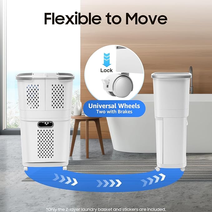 2-Tier Laundry Basket Sorter & Movable Laundry Hamper, Storage Organizer with 4 Wheels and Handles, Large Capacity Clothes Sorter for Bathroom Bedroom Laundry Room Closet Organization