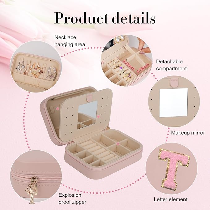 TopPerfekt Travel Jewelry Case, Jewelry Box with Mirror, Jewelry Organizer Bridal Shower Gifts to Her, Earring Storage Travel Case, Trendy Gift for Women and Girls, Girlfriend-Letter T, Pink