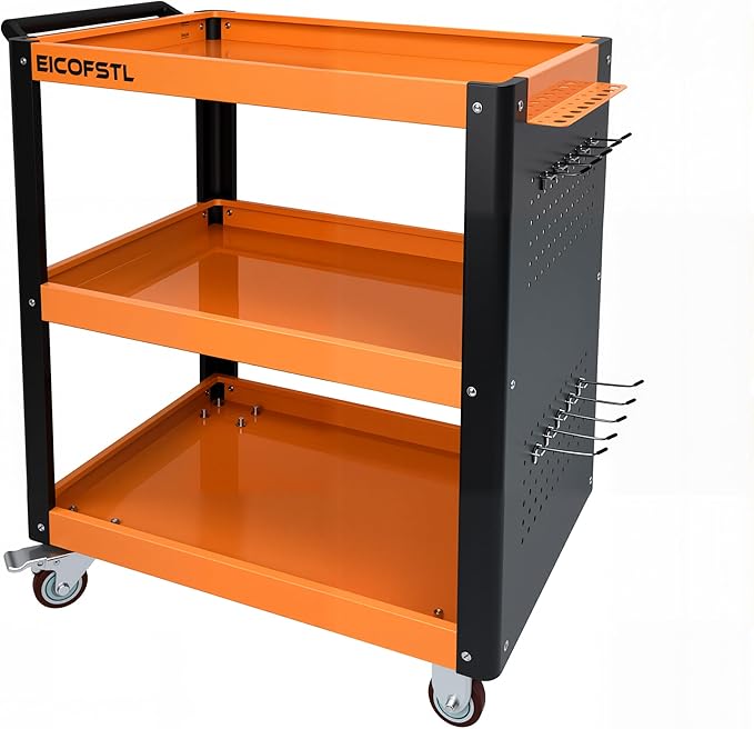 Stainless Steel Utility Cart with Pegboard & Screwdriver Holder, Heavy-Duty Alloy Steel 3-Tier Tool Cart, 500LB Capacity, 4 Wheels with 2 Locking Casters for Garage, Workshop, Home