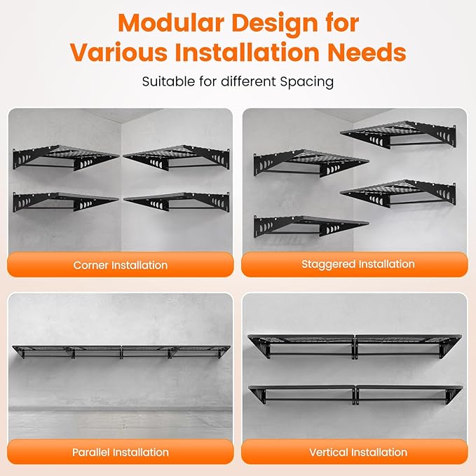 Garage Shelving 2x3ft 4-Pack, Garage Storage Rack 24"x36" Metal Shelves Black Wall Mounted with rods & 6 Hooks, Heavy Duty Wall Shelving Floating Shelves, 1000lbs Total load Capacity