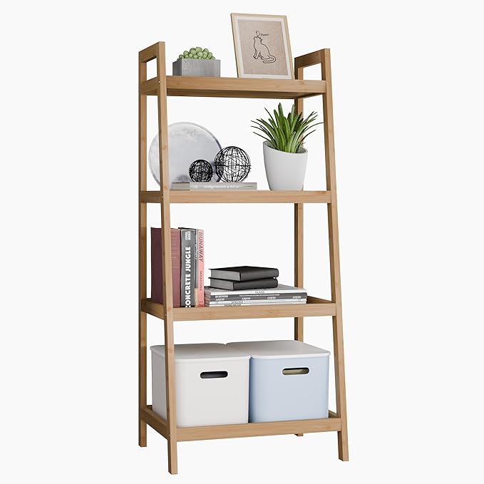 SMIBUY Bamboo Ladder Bookcase, Bathroom Storage Rack Organizer, 4 Tier and 5 Tier Freestanding Plant Display Stand Space Saver Shelves for Bedroom, Kitchen, Balcony (Natural, 4 Tiers (39" H))