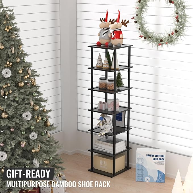 Bamboo Free Standing Shoe Rack Shelf Multi Tier Tall Wooden Stackable Shoes Rack Organizer for Closet Front Door Entrance Narrow Vertical Shoe Storage Rack for Corner Stand (Black, 7 Tiers)