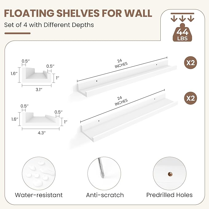 Fun Memories Picture Ledge Shelf, White Floating Shelves Set of 4, 24 Inch Picture Shelves for Wall with Ledge, Large Nursery Book Shelf for Toys Storage, Living Room, Bedroom Decor Frames