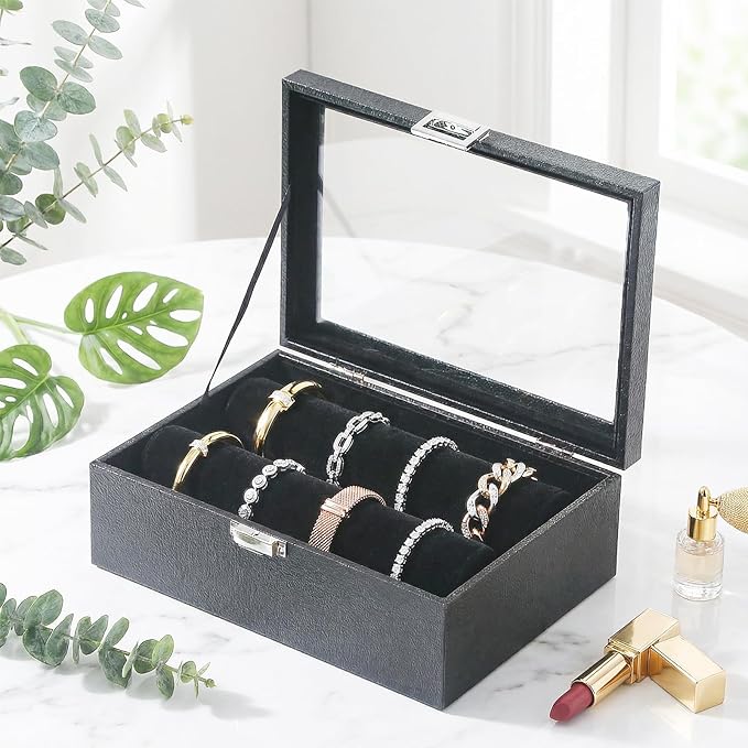 Bracelet Display Holder with Clear Lid, Jewelry Storage Organizer Box Case with Rods for Bangles, Watches, Women (Black)