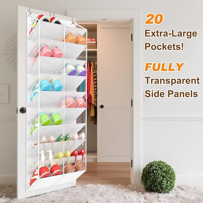 30 Pairs Over the Door Shoe Organizer, Clear Pockets Hanging Shoe Storage for Closet, 10-Tier Door Shoes Rack Storage, Handing Shoes Holder Fit All the Family's Sneakers, Boots, Heels, White