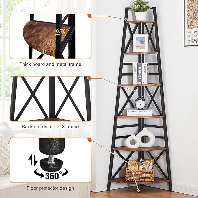 HOMBAZAAR 6 Tier Corner Shelf, 72 Inch Industrial Corner Bookshelf, Tall Ladder Bookcase with Metal Frame, Rustic Shelf Stand for Living Room, Bedroom, Office, Rustic Brown