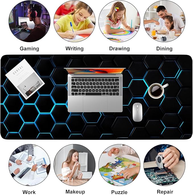Gaming Mouse Pad – Large Extended Desk Mat35.43 x 15.75 in – Futuristic Black Honeycomb Design with Blue Glow, Non-Slip Base, Waterproof Surface, Keyboard & Mouse Pad for Gaming or Office