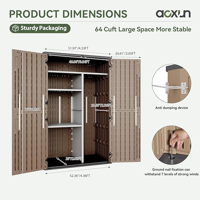 Aoxun Outdoor Storage Shed with Metal Shelving Kit & Floor, 64 Cu.Ft Large Outdoor Storage Cabinet, Waterproof Vertical Resin Shed for Garden Tools, Pool Equipment, Brown