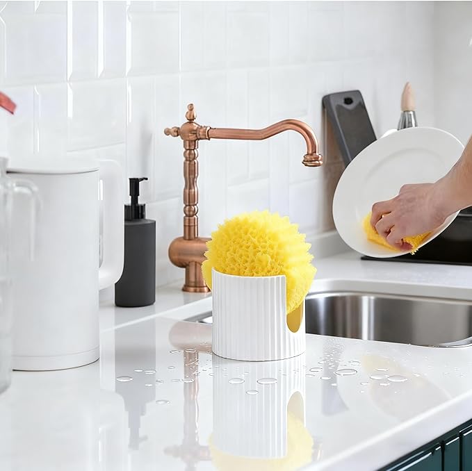 Ceramic Sponge Holder for Kitchen Sink - Dishwasher Safe Porcelain Dish Sponge Caddy Minimalist Vertical Stripes, Scrub Daddy Drying Rack for Countertop, Bathroom, Kitchen Sink Organizer, White