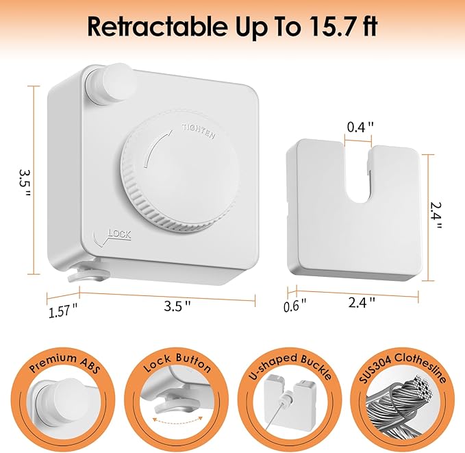 Yejay Retractable Clothesline Indoor, Non-Sagging Clothes Line Retracting Outdoors,Wall Mounted Heavy Duty Clothes Drying Line, Space-Saving Laundry Line for Balcony, Bathroom - 15.7Ft (White)