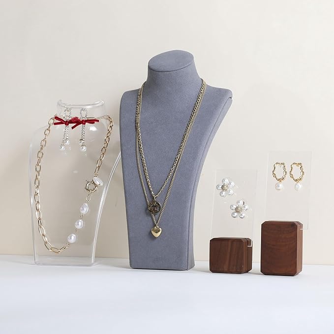 GemeShou Grey necklace storage organizer for sale, Velvet necklace holder stand, jewelry bust display stands, Jewelry Mannequin for Countertop, Showcase【Grey-Medium height 10.43 inch】