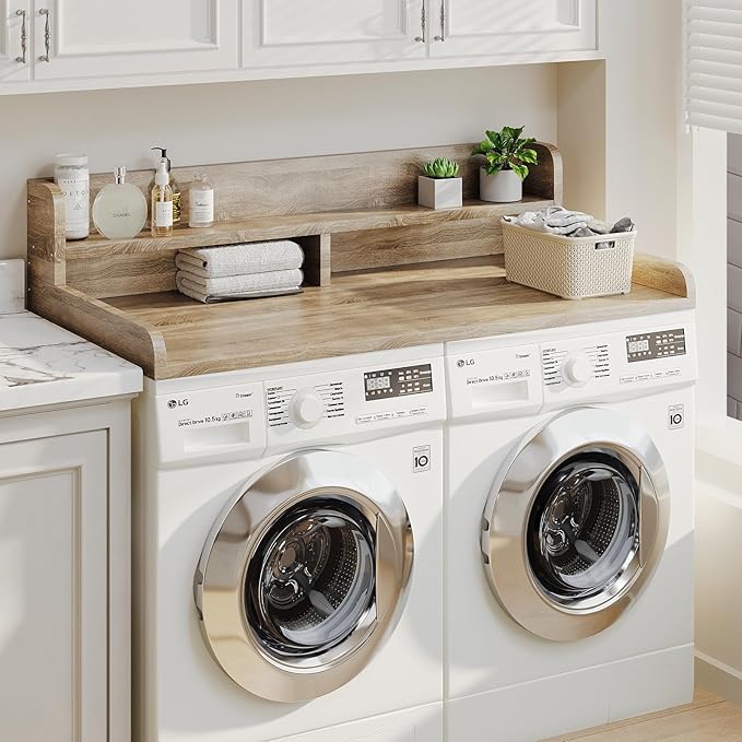 2-Tier Washer Dryer Countertop with 2.75" H Edge Rails, 54" W x 27.55" D Laundry Countertop for Folding Clothes, Washer and Dryer Topper with Non-Slip Pad (White Oak)