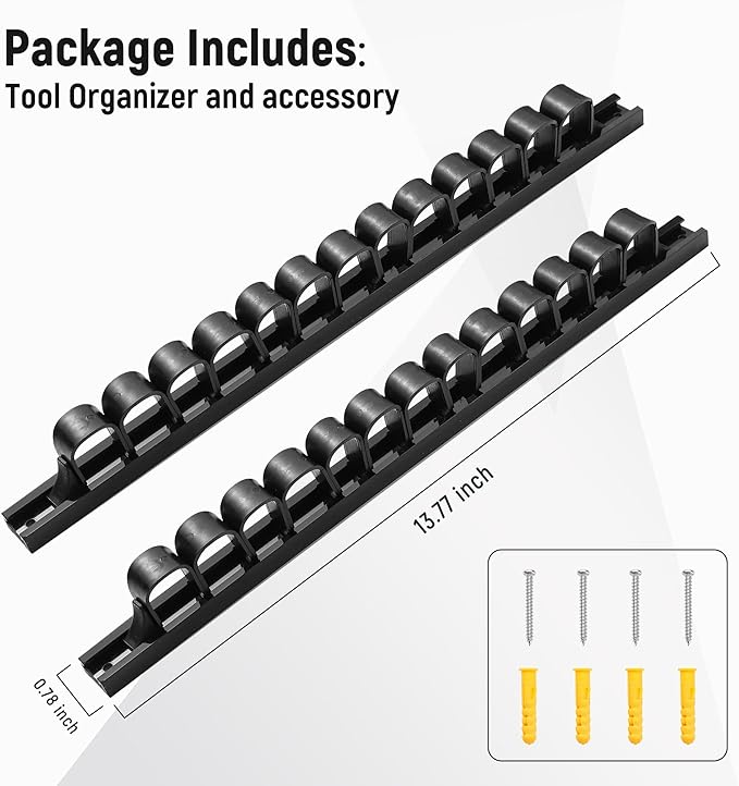 2 Pack Wall-Mounted Screwdriver Organizers with Screws - Heavy-Duty ABS Plastic Tool Holder for Screwdrivers, Wrenches, Piers - Garage Workshop Storage (Black,2 PCS)