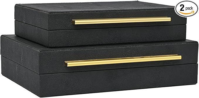 Faux Shagreen Leather Jewelry Boxes Set of 2 with Gold Handles, Decorative Organizer Storage Box for Rings, Earrings, Watches, Dresser, Vanity, Stackable, Black