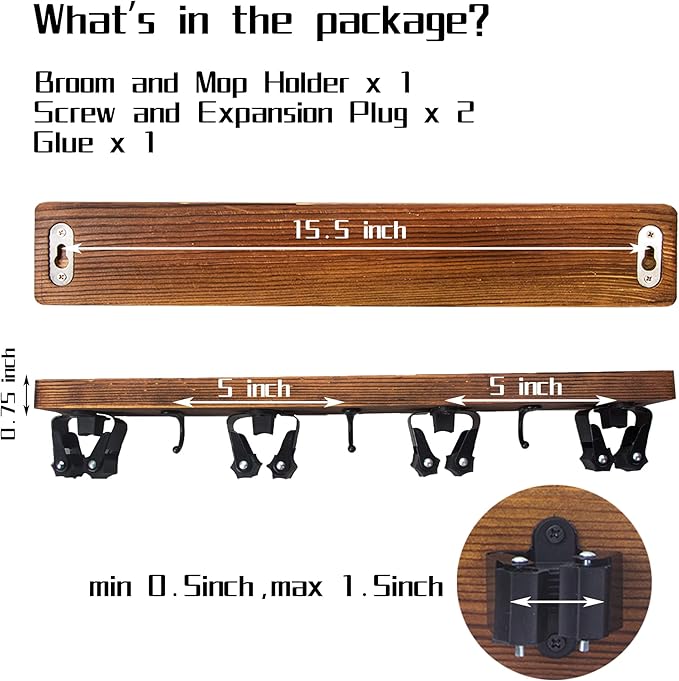 2 Pack Mop and Broom Holder Wall Mount Solid Wood Broom Rack Wall Mount 4 Positions 3 Hooks for Home, Kitchen, Garden, Tools, Garage Organizing, Cleaning Supplies Organizer Indoor Outdoor
