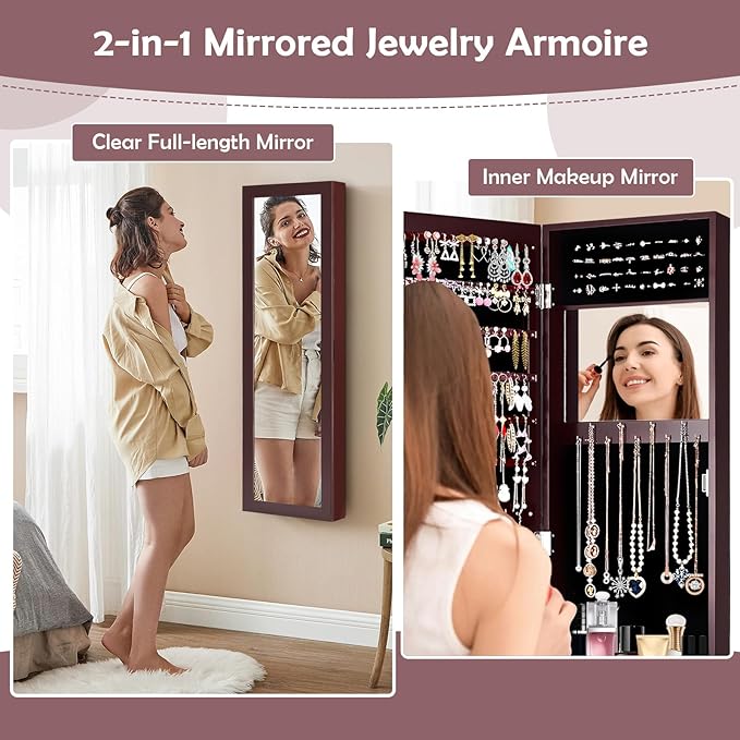 HAPPYGRILL Wall Mounted Jewelry Cabinet with Full Length Mirror, Over The Door Jewelry Organizer w/Built-in Makeup Mirror, Storage Shelves, Door Mounted Jewelry Armoire for Women, Girls (Brown)