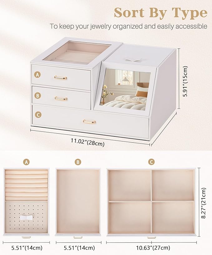 Homde Women Mirror Jewelry Box: Organizer Case with Clear Lid for Ring Necklace Earring - Christmas Gift for Young Women (White)