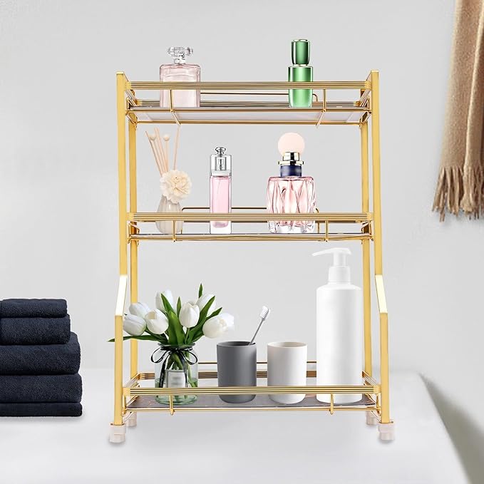 Bathroom Countertop Organizer, Gold Cosmetics Perfume Storage Display Rack Bathroom Counter Organizer for Small Spaces Skincare Makeup