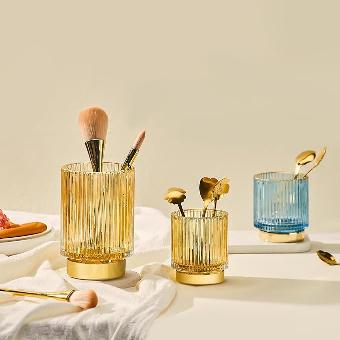 Makeup Brush Holder Organizer,Toothbrush Holders,Desk Pen Pencil Holder,Multifunctional Vintage Glass Brush Cup（S+L/Milky White/A3-5-US）