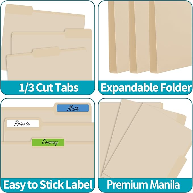 100 Packs Manila File Folder,Manilla Folder 8.5x11,1/3 Cut Tabs Folder for Office,School and Home,Organizer File Folder Letter Size